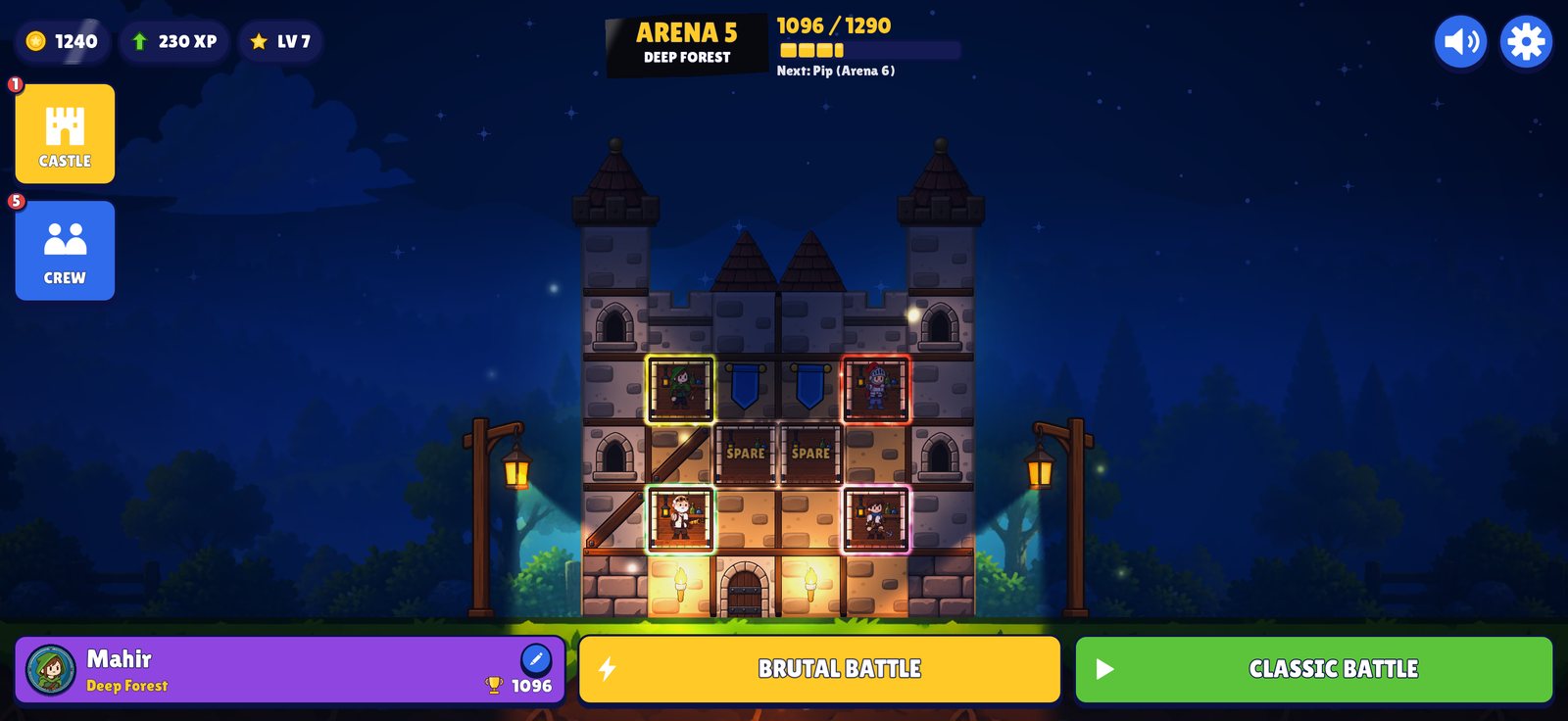 The home hub of Castle Tumble: your castle lit at night, with the Brutal Battle and Classic Battle buttons